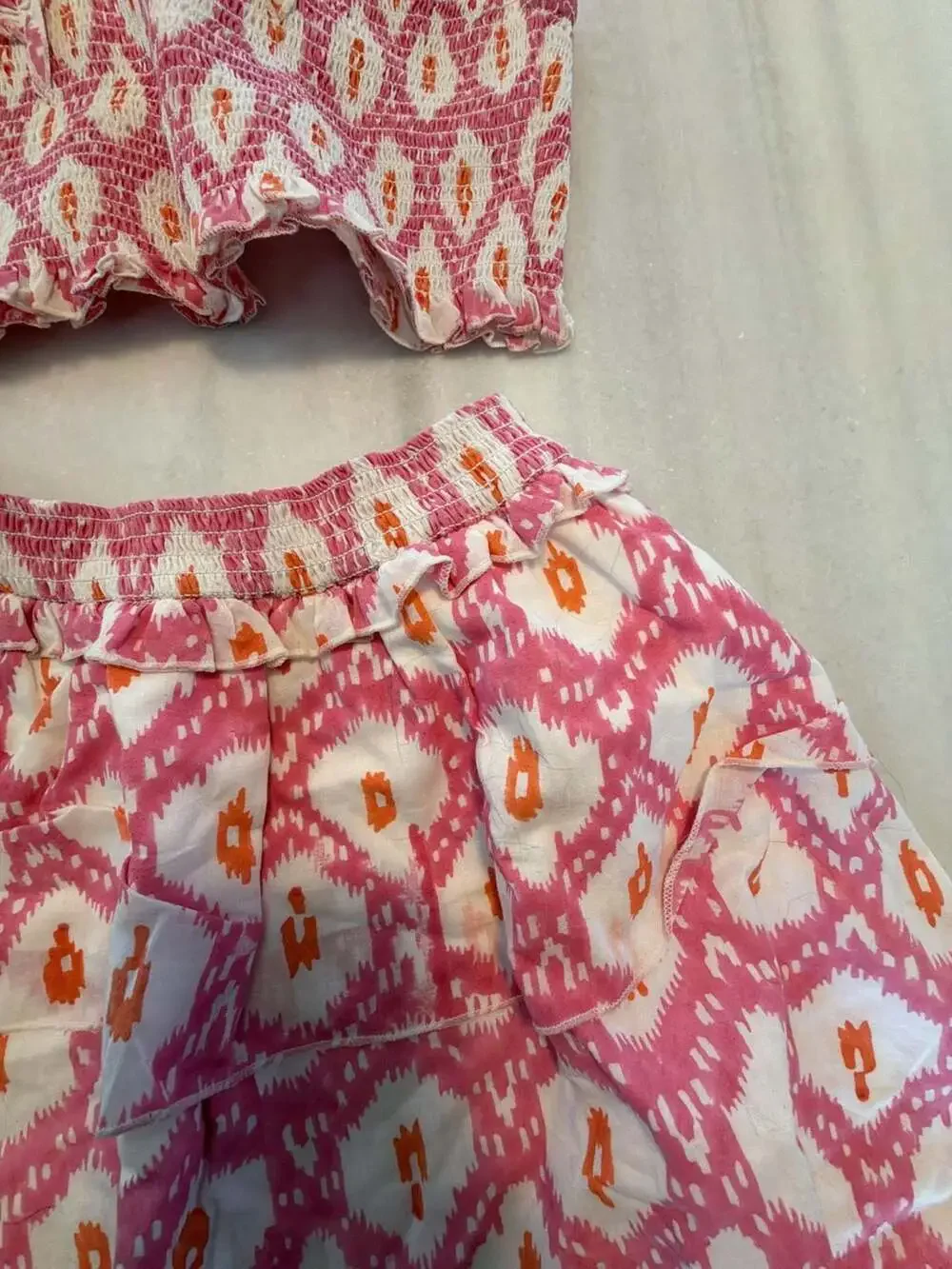 Girl’s Pink and White Ikat Print Smocked Crop Top and Skirt Two-Piece Set